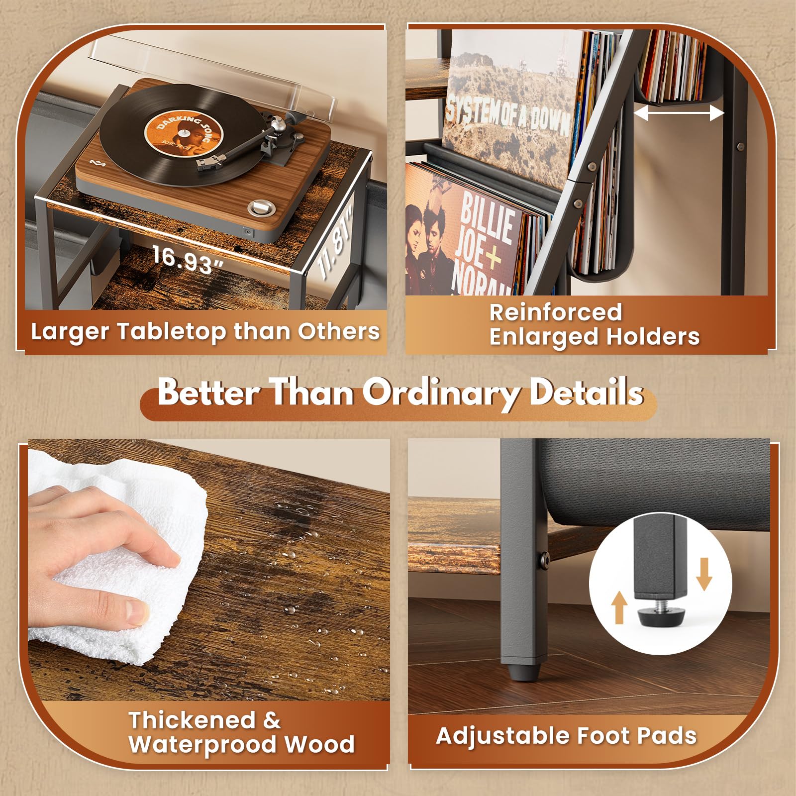 Record Player Stand with Vinyl Storage, Record Player Table with